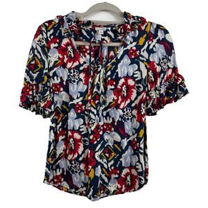 Anthropologie Odille Floral Bianca Ruffle Blouse Size 0 V Neck with Tie